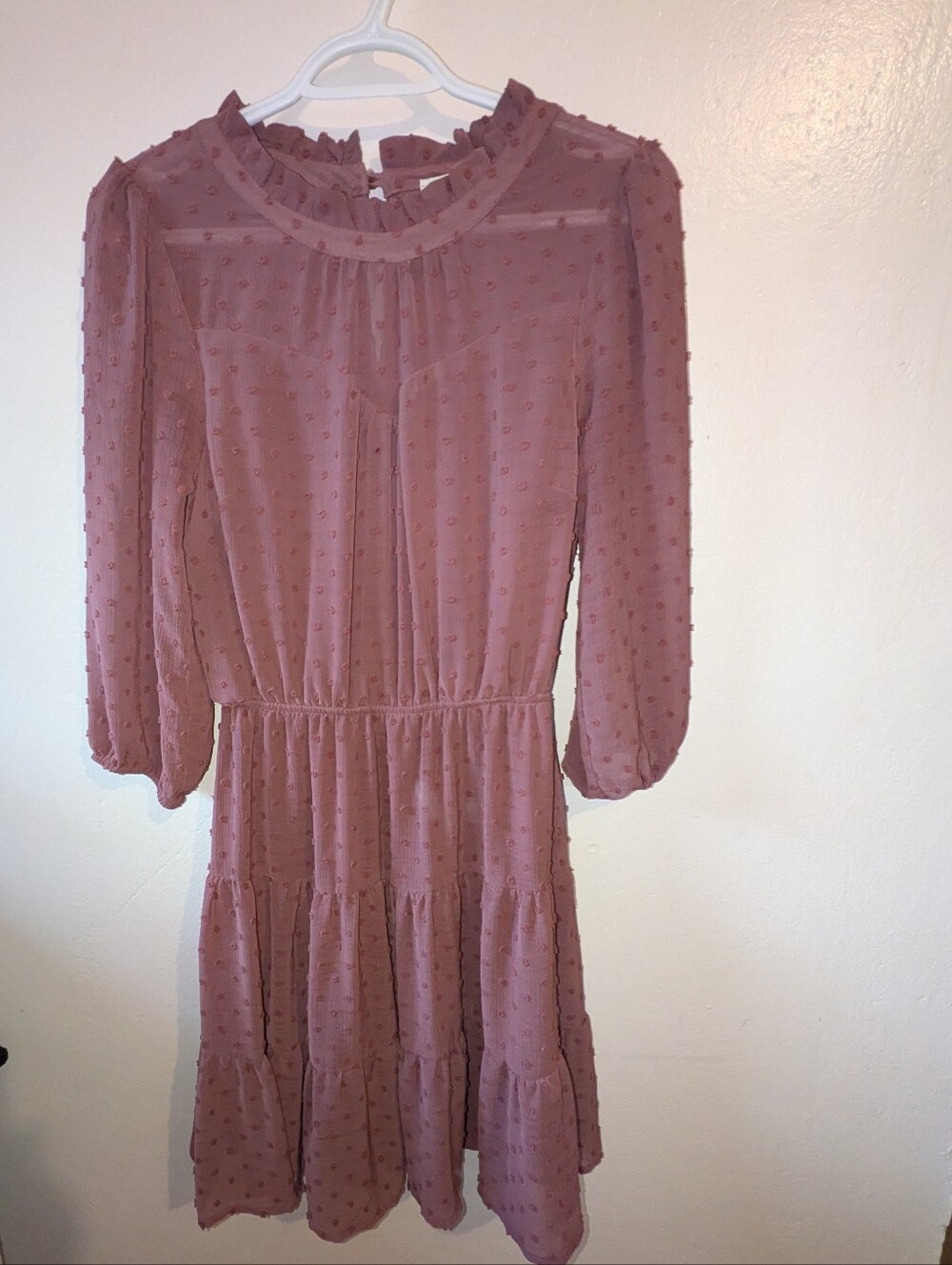 Monteau Mauve Swiss Dot Tiered Long Sleeve Dress
